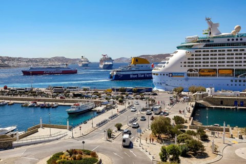 Mykonos, Cyclades, Greece - Mykonos New Port, Blue Star Ferries and Fast Ferries and a cruise ship