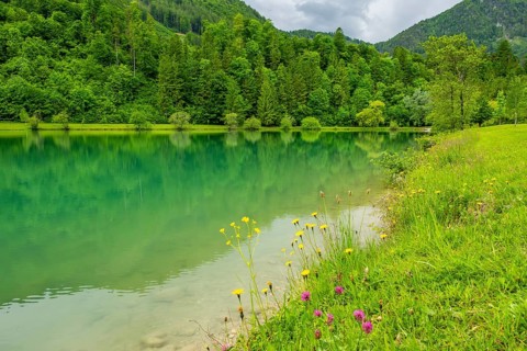 Landscape of Lake Elisabethsee on a rainy day in spring, Austria