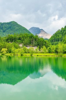 Landscape of Lake Elisabethsee on a rainy day in spring, Austria