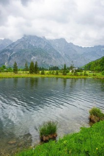Landscape of Lake Almsee on a rainy day in spring, Salzkammergut, Austria