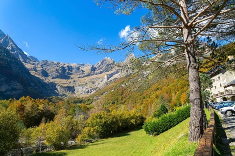 Mountain landscape view Ordesa y Monte Perdido National Park, Bielsa parador, Huesca province,