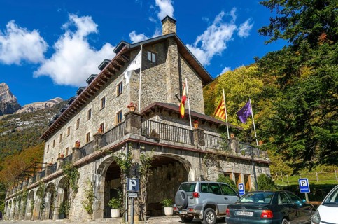 Bielsa Parador hotel building mountain landscape, Ordesa y Monte Perdido National Park, Bielsa,
