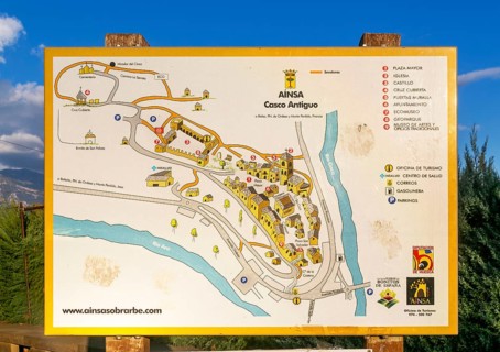 Map of historic buildings medieval village of Ainsa, Aínsa-Sobrarbe, Huesca province, Aragon, Spain