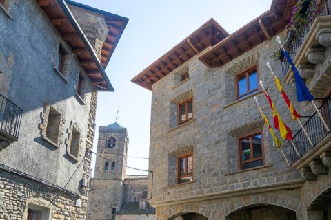 Buildings and church tower historic medieval village of Boltana, Huesca province, Aragon, Spain