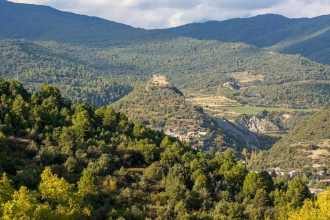 Castillo de Boltaña hilltop castle above village of Boltana, Huesca province, Aragon, Spain