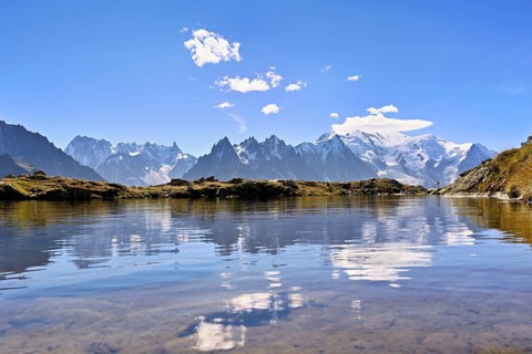 Lac de Chésserys, with the snow-covered Mont Blanc massif in the background, Chamonix-Mont-Blanc,
