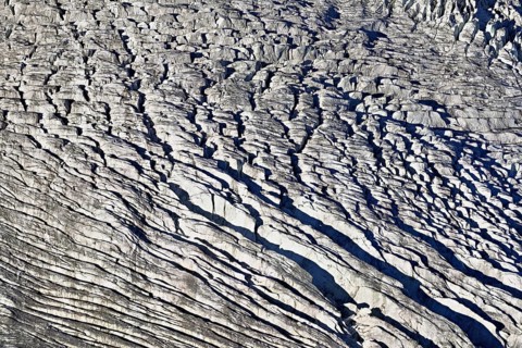 View from the Télécabine Panorama Railway of the glacial crevices of the Glacier du Géant,