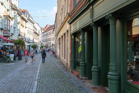 Town houses and shops on Herrenstraße in the old town of Naumburg (Saale), Saxony-Anhalt, Germany