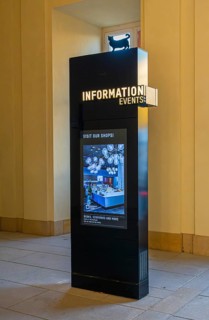 Black information columns with LED screen and notes, Humboldt Forum Berlin, Germany