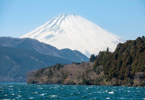 View of Lake Ashi with Mount Fuji volcano, Hakone, Japan