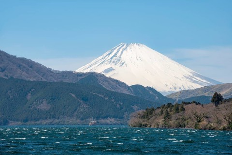 View of Lake Ashi with Mount Fuji volcano, Hakone, Japan