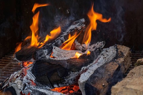 Burning logs with glowing flames and glowing embers in a fireplace, Münsterland, North
