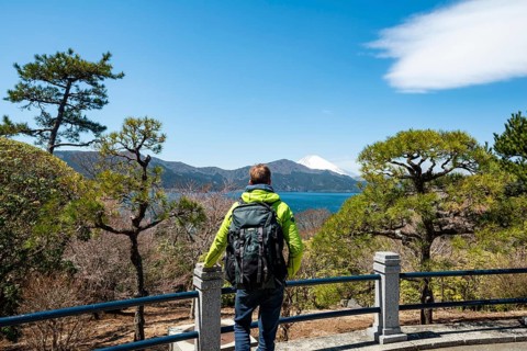 Tourist enjoying the view, Benten-no-hana Tenbodai viewpoint, Hakone Park, view of Lake Ashi with