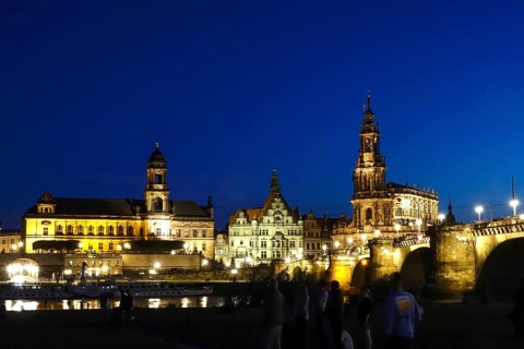 View of the Court Church and Castle, Blue Hour, tourists, Dresden, Saxony, Germany