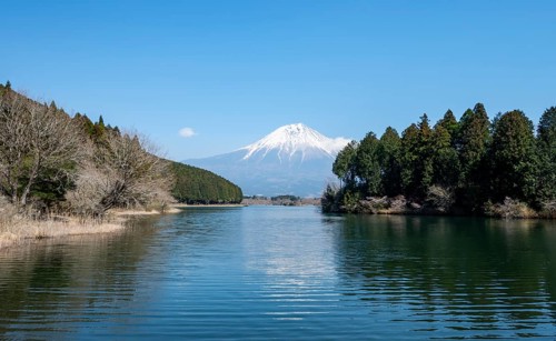 View of Mount Fuji volcano and Lake Tanuki from Fuji-mae observation deck, Fujinomiya, Shizuoka,