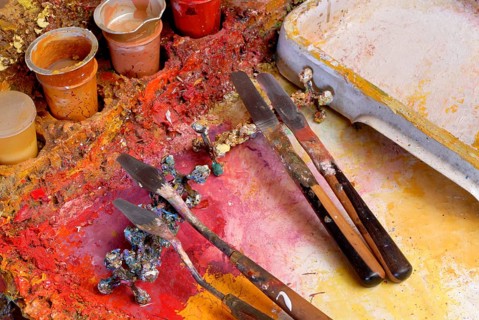 Colored painting supplies and tools, a painter's color palette, oil paints, Zürich, Switzerland