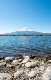 Lake Kawaguchi with volcano Mt. Fuji, Yamanashi Prefecture, Japan