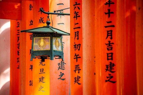 Lantern between red torii gates, hundreds of red traditional torii gates, Fushimi Inari-taisha,