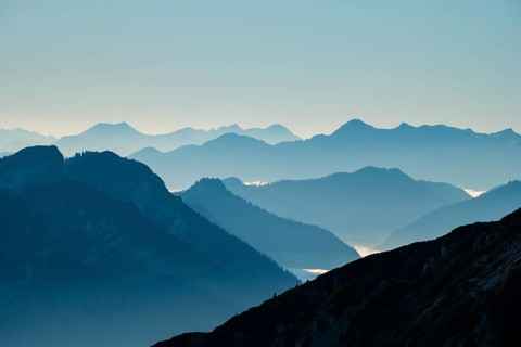 Blue-colored silhouette of mountains, Chiemgau Alps, Upper Bavaria, Bavaria, Germany