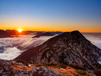 Alpine panorama at sunset, fog in the valley, Hochstaufen, Chiemgau Alps, Upper Bavaria, Bavaria,