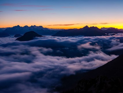 Alpine panorama at dusk, fog in the valley, Hochstaufen, Chiemgau Alps, Upper Bavaria, Bavaria,