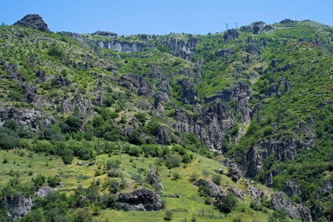 Green landscape with rocky gorge and lush vegetation, landscape near Goris, Hoodoos, Syunik