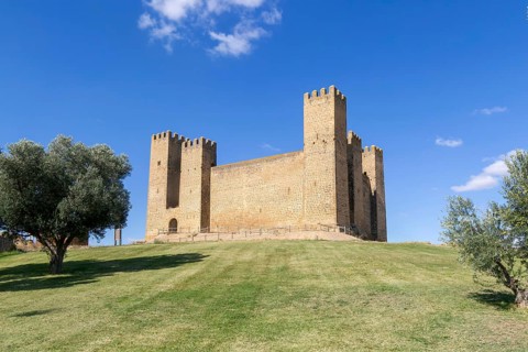 Historic walls and towers of Castillo de Sádaba, Sadaba castle, Zaragoza province, Aragon, Spain