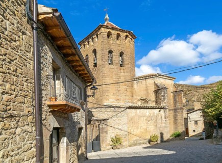 Historic church tower medieval village of Longás, Val d'Onsella, Zaragoza province, Aragon, Spain