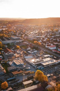 Small town at sunset with autumn colors and houses standing close together, Großbottwar, Germany