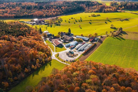Idyllic farm surrounded by autumn trees and green fields, Haselstaller Hof, Gechingen, Germany