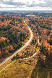 Road snakes through colorful autumn landscape with fields and forests, Gechingen, Calw district,