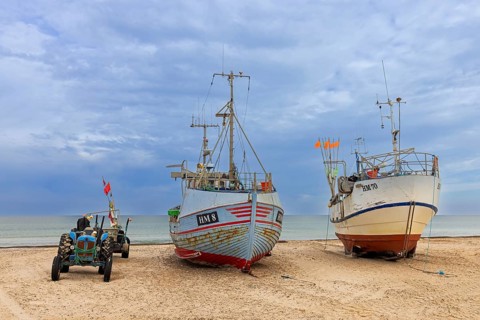 Fishing boats beached on Thorup Strand, Thorupstrand, fishing village on the Skagerrak in