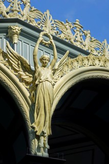 Nike goddess of victory, griffins and palmettes decorating 1885 Kiosk, music pavillion at the
