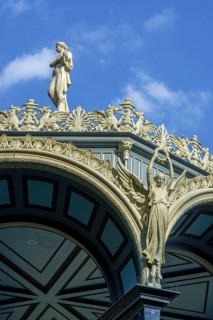 Greek Muze Erato, goddess Nike, griffins and palmettes decorating 1885 Kiosk, music pavillion at