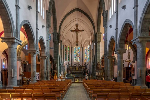 Neo-Gothic St. Nicholas Church, Eglise Saint-Nicolas interior in the city La Roche-en-Ardenne,
