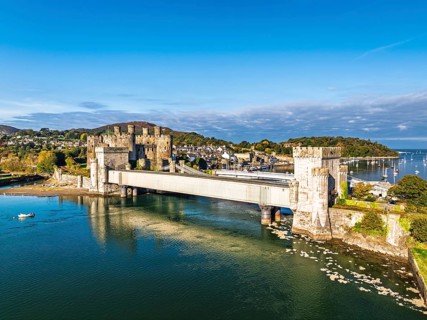 Conwy Castle over River Convy from a drone, Convy, North Wales, England, United Kingdom