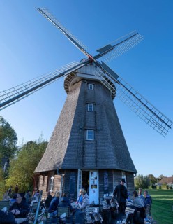 Café guests of a historic windmill, now café, Ahrenshoop, Darß, Mecklenburg-Western Pomerania,