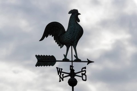 Silhouetted metal weather vane against a cloudy sky, Baden-Württemberg, Germany