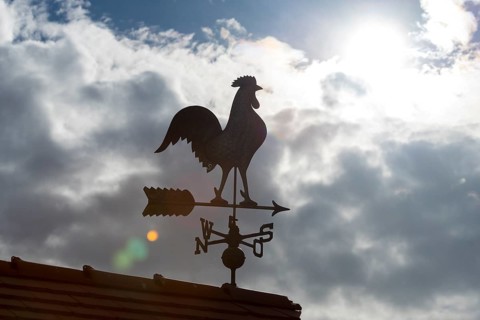 A weather vane in the sun with dark clouds in the sky as a background, Baden-Württemberg, Germany