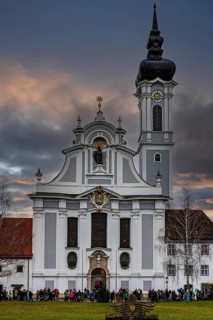 The Marienmünster in the evening light, Dießen am Lake Ammer, Upper Bavaria, Bavaria, Germany