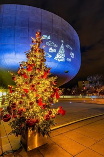 Illuminated Christmas tree with red balls in front of the BMW Museum, BMW World, Petuelring,