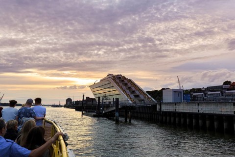 Harbour ferry line 62 with passengers on the Elbe, harbour cruise at sunset, Docklands, Hamburg,