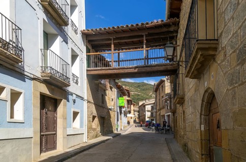 Historic buildings and street in medieval village of Biel, Cinco Villas, Zaragoza province, Aragon,