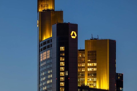 The top of the Commerzbank Tower in Fankfurt am Main glows in the evening, Frankfurt am Main,