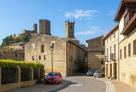 Castle and church in medieval village of Uncastillo, Cinco Villas, Zaragoza province, Aragon, Spain