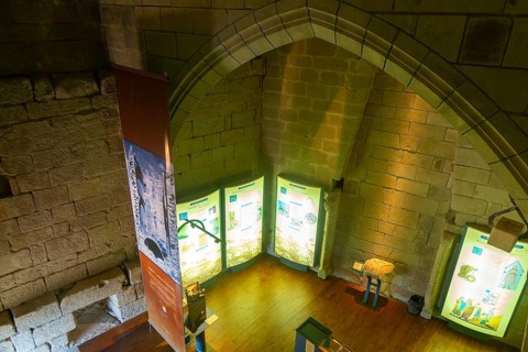 Information display inside Castle tower, medieval village of Uncastillo, Cinco Villas, Zaragoza