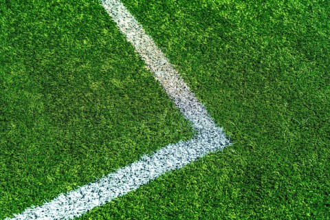 Green artificial turf creating a textured background with a white painted line marking a corner of