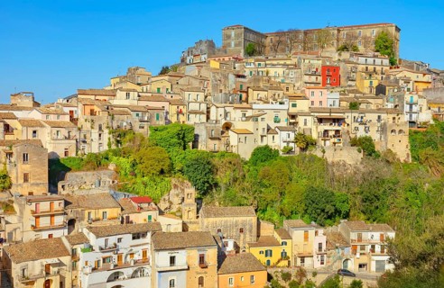 Low angle view of Ragusa Ibla historic town, Ragusa Ibla, Ragusa province, Sicily, Italy