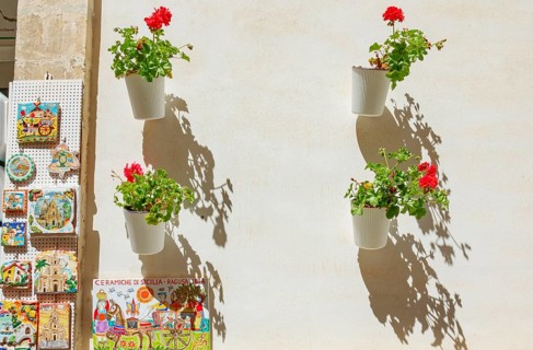 Flowers pots, Ragusa Ibla, Ragusa province, Sicily, Italy