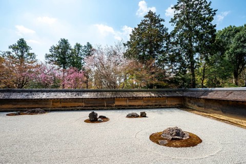 Kare-san-sui Japanese rock garden, Hojo Teien in Ryoan-ji, Zen Buddhist temple complex, in spring,